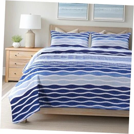 SLPR Blue Wave 3-Piece Lightweight Printed Quilt Set Queen | with 2 Shams Pre...
