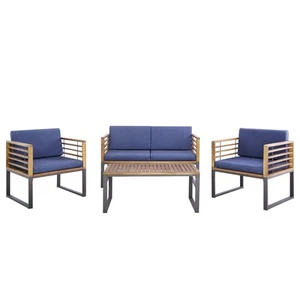 4pcs Patio Acacia Wood Chair Table Loveseat Cushioned Furniture Set Outdoor Navy - Picture 1 of 9