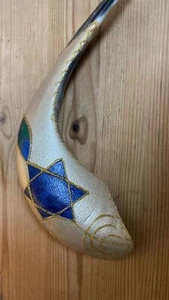 Hand Painted Ram Horn Shofar Messianic Seal Jerusalem Menorah star of David fish - Photo 1 sur 6