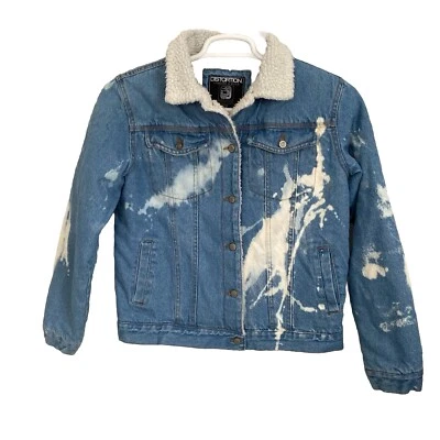 Distortion Sherpa Blue Jean Jacket Trucker Boys Size 14/16 L  Distressed - Image 1 of 4