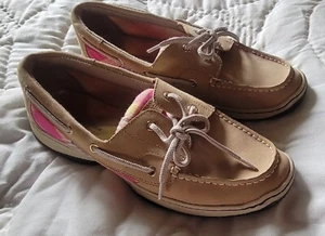 Tommy Hilfiger Brown Boat Shoes Slip On Leather Loafers Pink Plaid Womens Size 9 - Picture 1 of 3