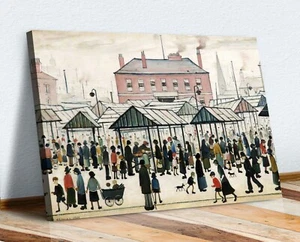 MARKET SCENE NORTHERN TOWN CANVAS WALL ART PRINT ARTWORK PAINTING Ls Lowry style - Picture 1 of 5