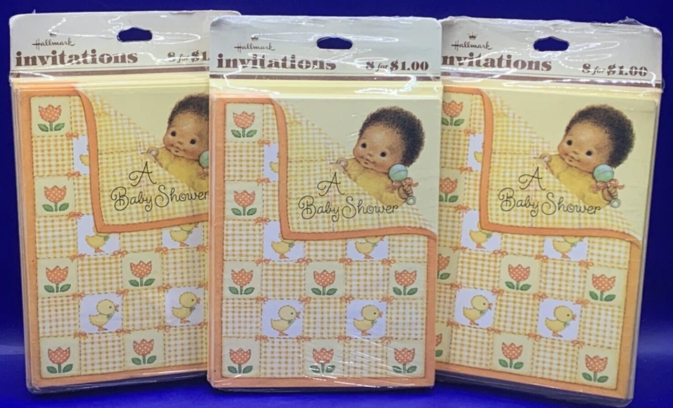 1970's Baby Shower Invitations Ducks Tulips Yellow Orange Hallmark 3 PKGS VTG - Image 1 of 3