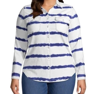Lands' End Women's White and Blue Tie Dye Striped Denim Button Down Shirt Size M - Picture 1 of 8