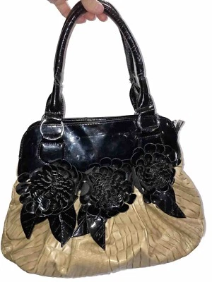Purse Floral Vegan Leather Black Tan Lg Handbag 6x12 Base Dr Bag Style VTG - Image 1 of 4