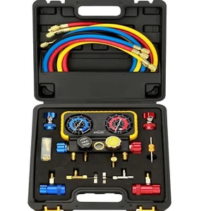 R1234YF R134A AC Gauge Set 4 Valve Manifold HVAC Gauges with Hoses Compatible... - Picture 1 of 7