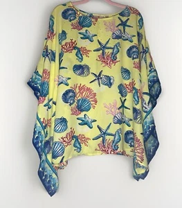 CAMICIA OCEANICA TRASPARENTE NUOVA CON ETICHETTE QUACKER FACTORY TAGLIA LARGE GIALLA abbellita cavalluccio marino - Foto 1 di 6