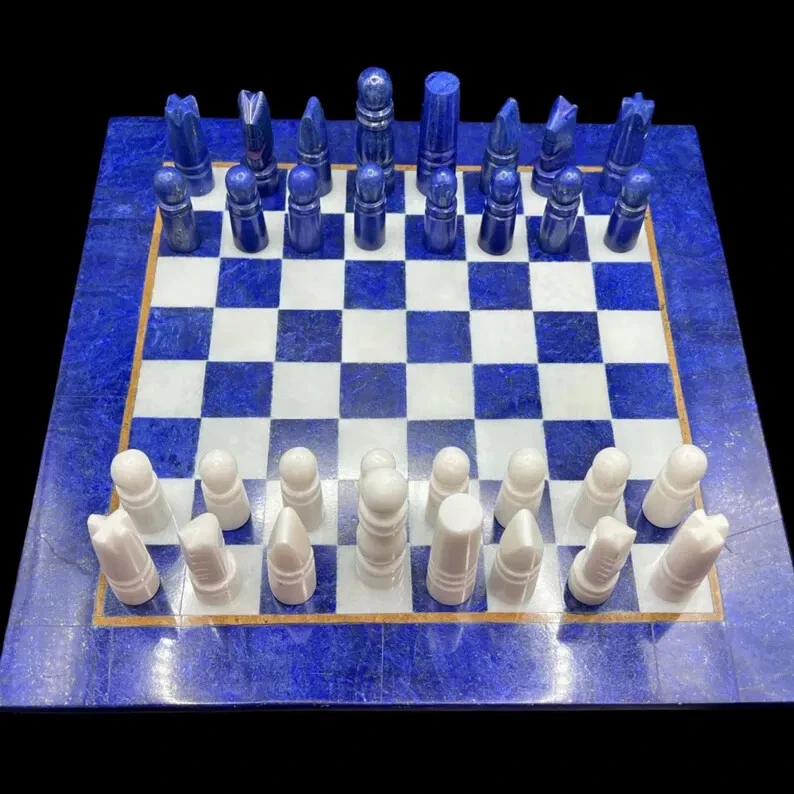 Handmade Lapis Lazuli & White Marble Chess Set – Luxury Stone Board & Pieces Set - Image 1 of 4