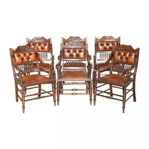 SUITE OF SIX FULLY RESTORED BROWN LEATHER ANTIQUE CHESTERFIELD DINING ARMCHAIRS - Picture 1 of 24