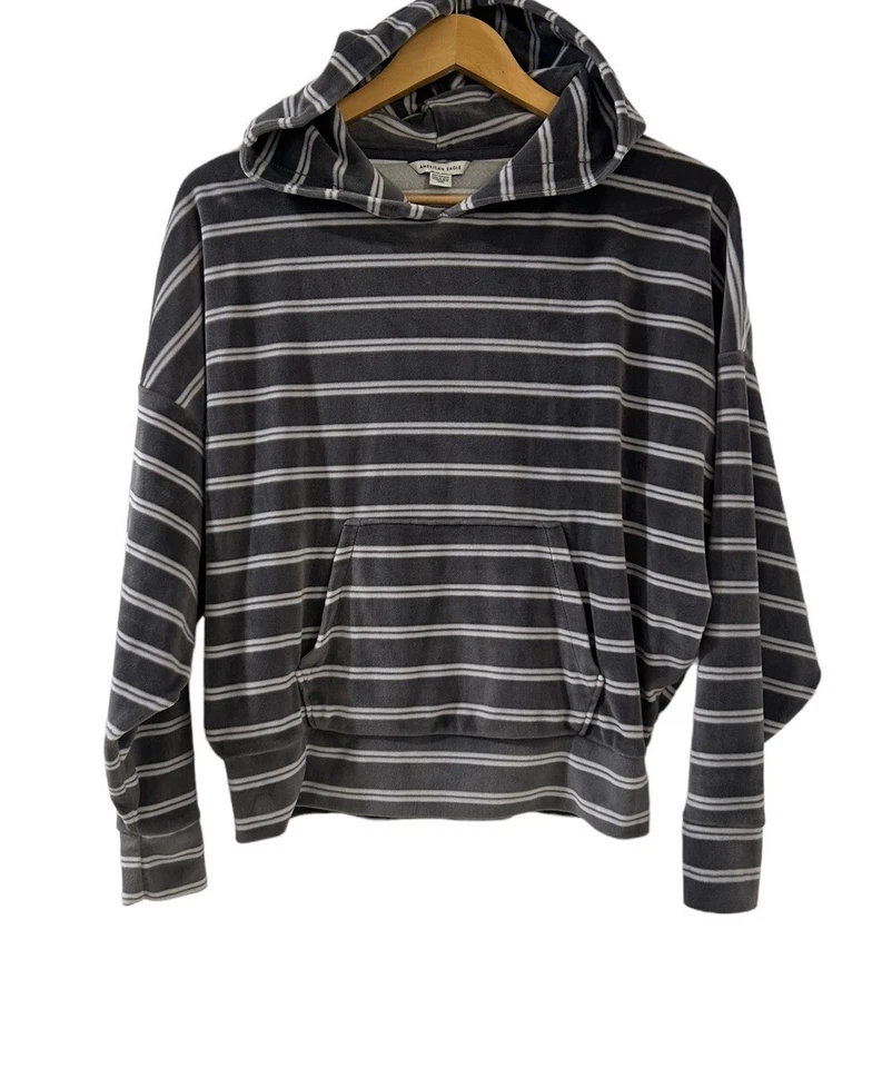 American Eagle Pullover Sudadera con Capucha Terciopelo Rayas Sudadera Gris Blanco XS Foto 1 de 4