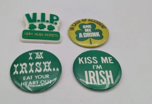 Vintage Lot Irish Pinback Pin Button Kiss Drink VIP Heart Funny Green Shamrock - Picture 1 of 8