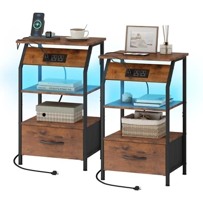 Mesita de Noche con Estación de Carga Luz LED Cajones Estante Dormitorio Mesa auxiliar Foto 1 de 4