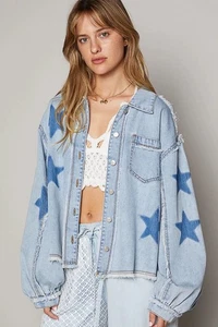 Neu POL Star Patch Raw Hem Button Up Denim Blue Shacket Size Small Oversized - Bild 1 von 8