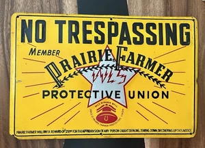 Vintage Metall Prärie Bauer Schutzunion kein Tresspassing Schild erhöhter Buchstabe - Bild 1 von 2