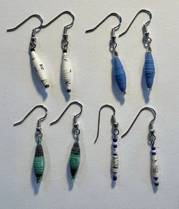Set of 4 Pair: Recycled Paper Bead Fishhook Earrings - Blue White Teal -Handmade - Picture 1 of 2