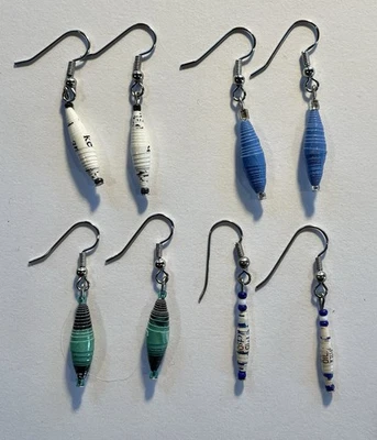 Set of 4 Pair: Recycled Paper Bead Fishhook Earrings - Blue White Teal -Handmade - Image 1 of 2