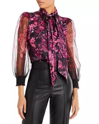 ALICE + OLIVIA Brentley Tie Neck Blouse Floral Print Blouse Black Pink  Size S - Image 1 of 4