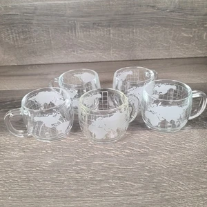 Rare Vintage Set of 5 NESTLE Nescafe World Globe Mugs Etched Glass Frosted 1970 - Picture 1 of 18