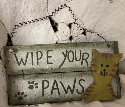 Vintage Wooden Sign With Cat “Wipe Your Paws” - MCM, Kitschy, Farmhouse - Image 1 of 4