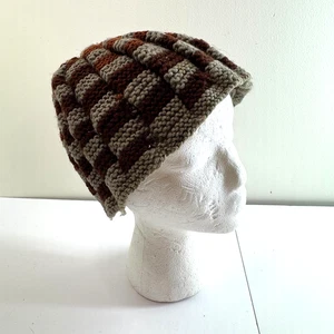 Cappello berretto vintage lavorato a mano lana a scacchi marrone marrone arancione scacchiera testurizzata - Foto 1 di 5