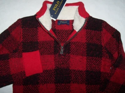 NUEVO CON ETIQUETAS Polo Ralph Lauren ROJO/NEGRO CUADROS Media Cremallera Suéter Niño 7 COLLAR FORRADO SHERPA Foto 1 de 3