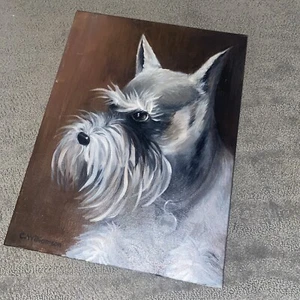Retrato de Schnauzer Perro Pintura Figura Original 12” X 16” Gris Acrílico ¡Raro! - Imagen 1 de 11