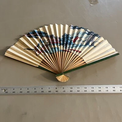 Vintage Wooden & Paper Hand Fans Fold Up 1940-1950 Japan Floral Handcrafted - Image 1 of 4