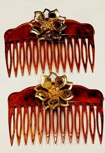 Vintage Floral Haarschmuck Kämme Paar Metall goldfarbene Blumen 2" x 3" - Bild 1 von 4