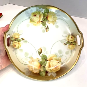 Vintage Porcelain Handled Cake Plate/Platter Yellow Roses Gold Edge JSV Germany - Picture 1 of 11