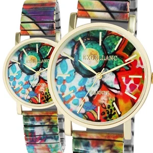 Excellanc Damenuhr Bunt Gold Kunst Design Analog Zugband Stretch Edelstahl Quarz