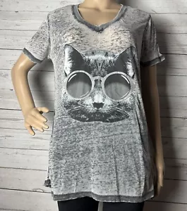 T-shirt Y2k vintage Mighty Fine media semi-velata grigia gatto gattino occhiali da sole maglietta - Foto 1 di 12