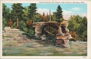 Linen PC * Michigan Pictured Rocks at Lake Superior Chapel at Munising 1940s - Picture 1 of 2
