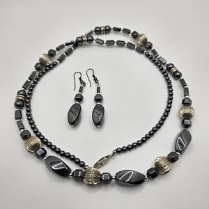 Hematite Necklace 34" W/Silver Accents & Drop Earrings 2.5" GUC Unbranded Read - Picture 1 of 7