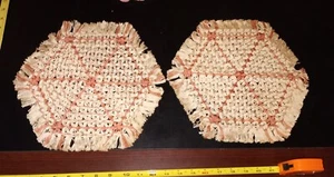 2 Vintage Hand Crochet Octagon White/Pink Dollie Approx. 12" - Picture 1 of 1