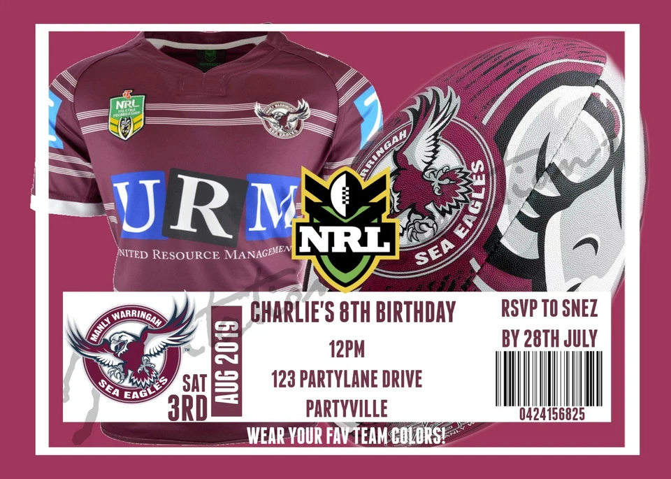 Hágalo usted mismo Impresión Personalizada NRL VARONLY SEA EAGLES CAMISETA DE FÚTBOL Invitaciones de Fiesta de Cumpleaños Foto 1 de 1