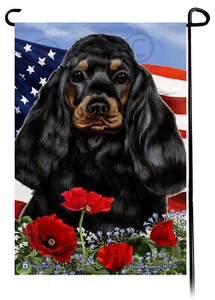 Patriotic Flowers Garden Flag - Black and Tan Cocker Spaniel - Picture 1 of 1
