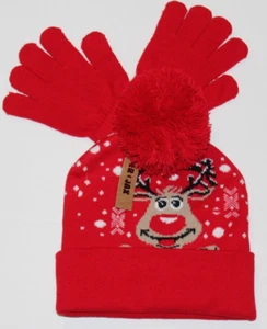 NEW Girls Boys BEANIE WINTER Hat Set mittens RED KNIT deer POMPOM ski Piper &Jax - Picture 1 of 2