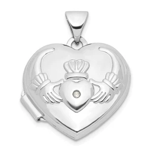 15mmX15mm Oro Blanco 14K Claddagh Diamante Corazón Locket - Imagen 1 de 3