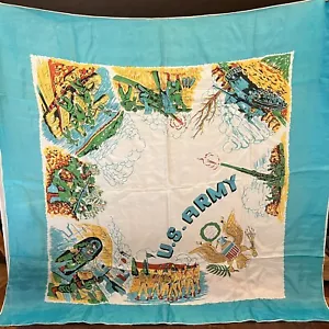U.S. Army Rayon/Silk Scarf Sovereign Pictorial Military Scenes 32 x 32 Blue Edge - Picture 1 of 7