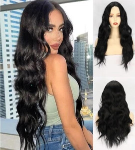 Long Wavy Wig Women 24 Inch Natural Black Lace Front Wigs Synthetic Pre Plucked - Picture 1 of 6
