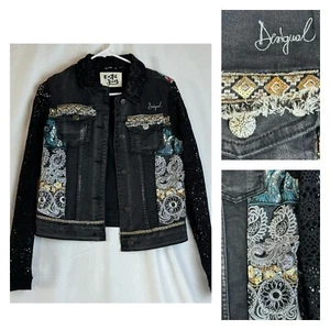 RARE Desigual 18SWEN14 Exotic Jeans womens Black Denim Knitted Jacket size 38 - Picture 1 of 6
