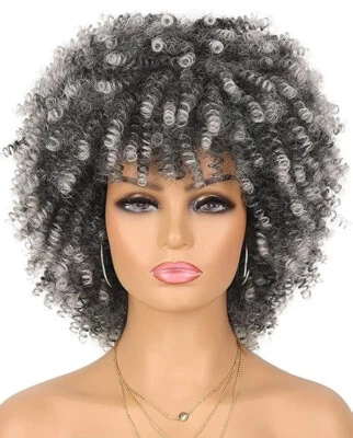 Peluca Falla Corta Rizada Afro Bomb Ombre Negro Gris Hinchable Apretada Rizado Rizado Mujer Foto 1 de 4