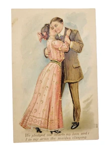 Antike Valentinstag Wir verpfändeten unsere Herzen Paar tanzt 1910er Postkarte schöner Stempel - Bild 1 von 4