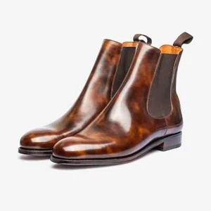Handmade Men Burnished Brown Leather Chelsea Stylish Pull On Ankle Business Boot - Picture 1 of 7