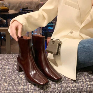 Women's Fashion Ankle Boots Back Zipper Block Heel Fall Square Toe Shoes - Picture 1 of 15
