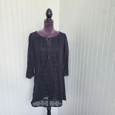 Vestido para mujer Lucky Brand negro crochet encaje manga 3/4 borla arrugada talla S Foto 1 de 4