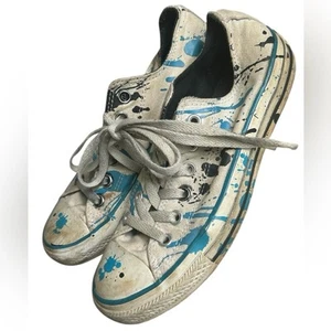 CONVERSE Dirty, Worn & Stained Canvas Sneakers with Blue Splatter Design, M5/W7 - Picture 1 of 7