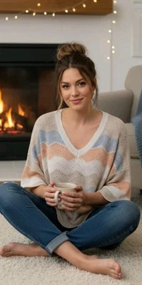 Suéter POL Pastel Vieira Tejido Gran Tamaño Cuello en V Mediano Acogedor Foto 1 de 4