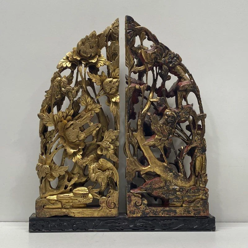 Giltwood Carved Panels. 22 inch Tall Floral & Phoenix Relief -Wood Sculpture - Image 1 of 4