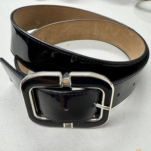 Ann Taylor Black Patent Leather Womens Belt Silver Black Enameled Buckle - Picture 1 of 6